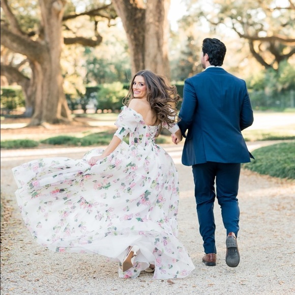 MILLA apple blossom puff sleeve white and pink floral gown XS worn once - Picture 5 of 9